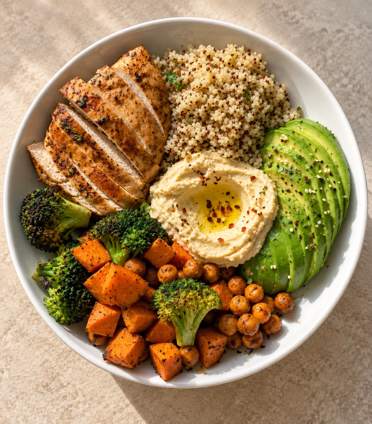 Bol équilibré poulet grillé, quinoa, houmous et avocat